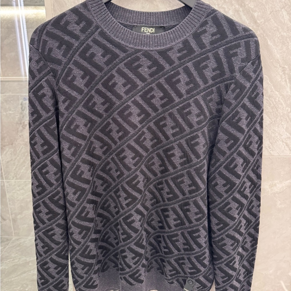 Fendi Black and Gray Crewneck Sweater with Geometric Pattern